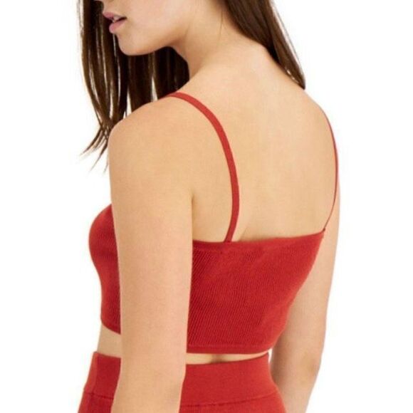 Bar III Stretch Ribbed Crop Spaghetti Strap Square Neck Tank Top Retro Orange LG - Picture 2 of 8